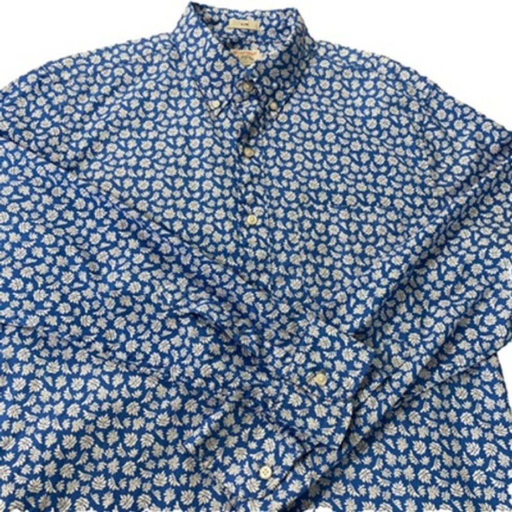 J. Crew Secret Wash Floral Shirt Men L Blue Allover Print Button Down Coastal